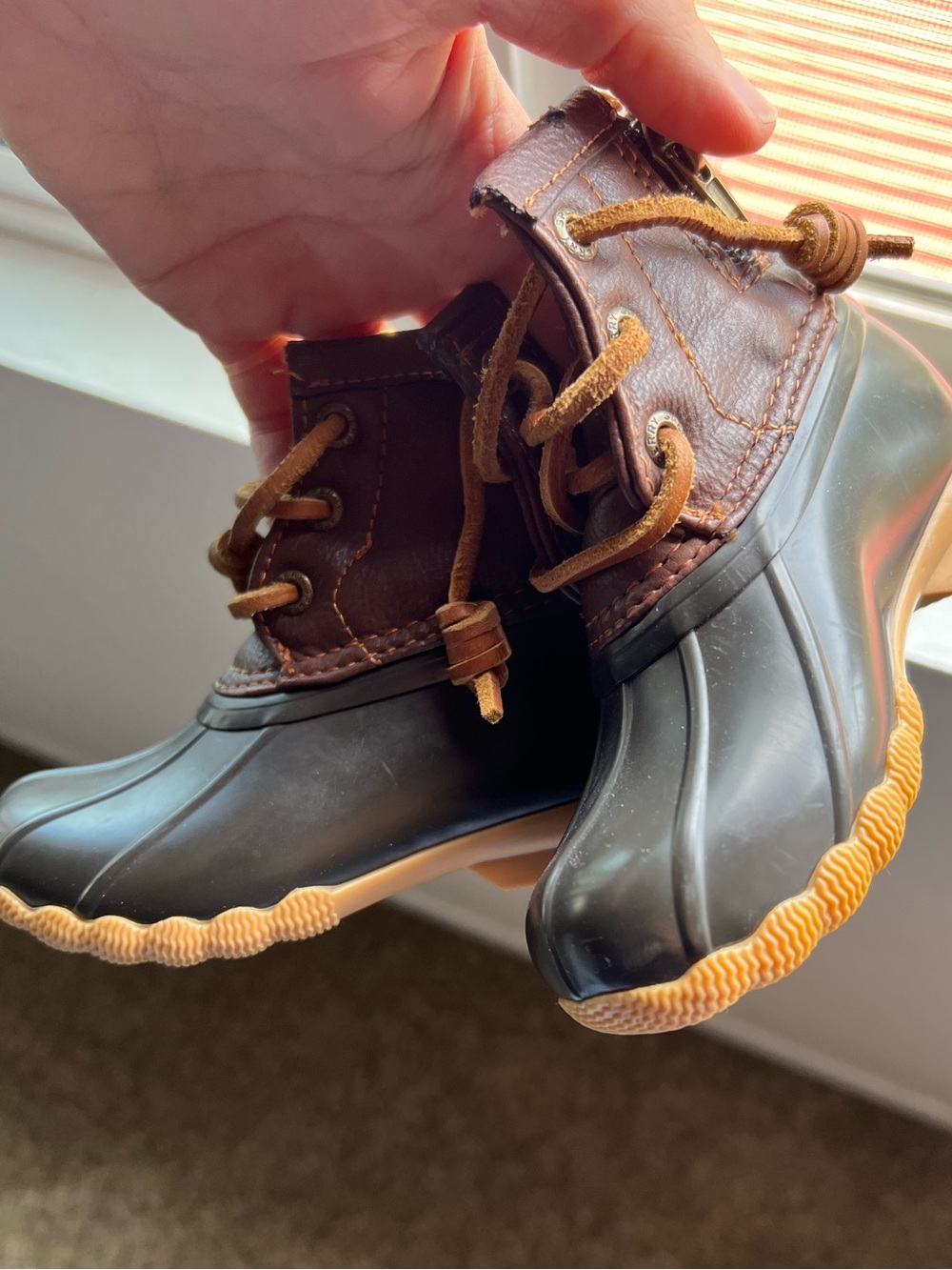 Sperry Kids Brown Leather and Black Rubber Rain Boots with Tan Soles